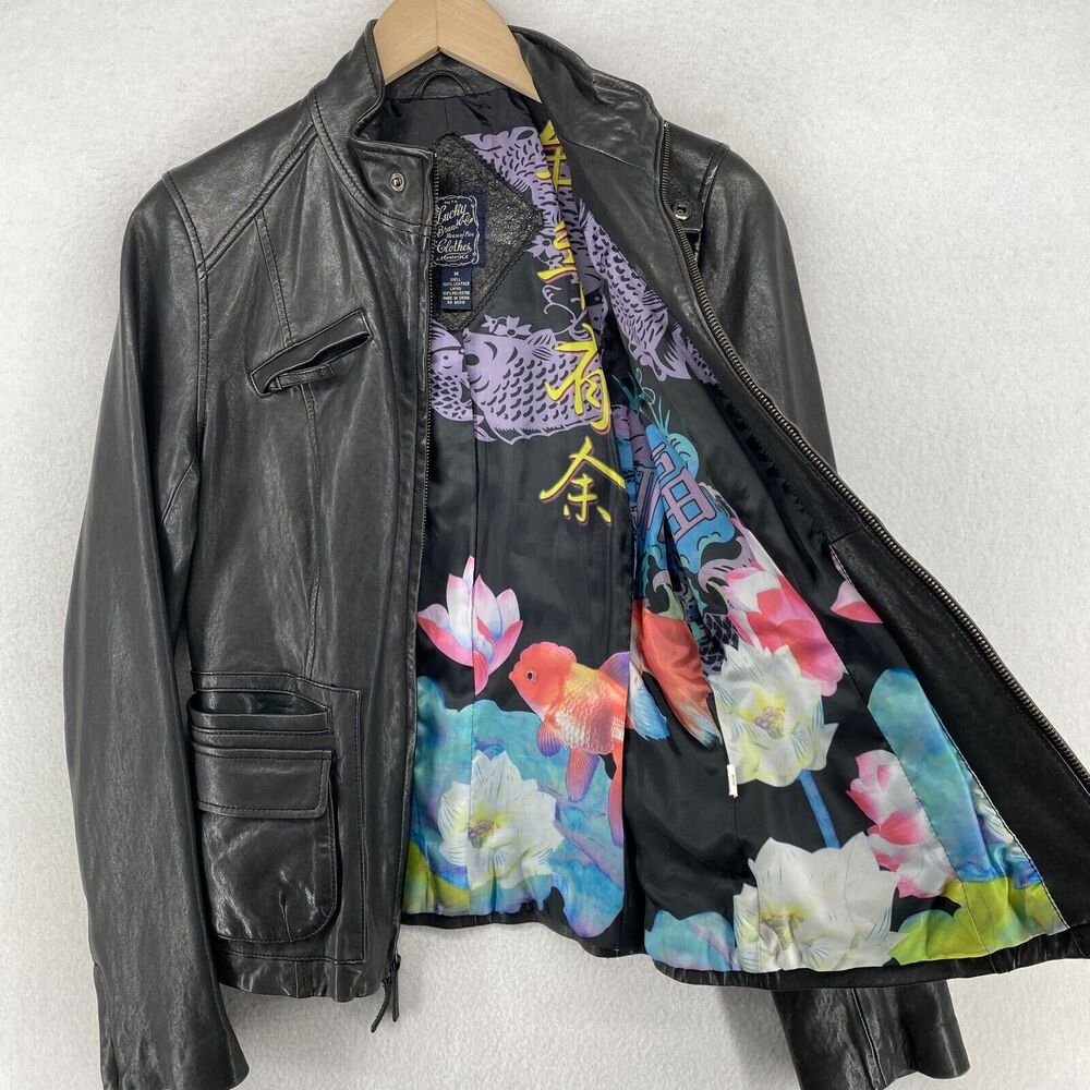 Black Leather Jacket with Floral Lining